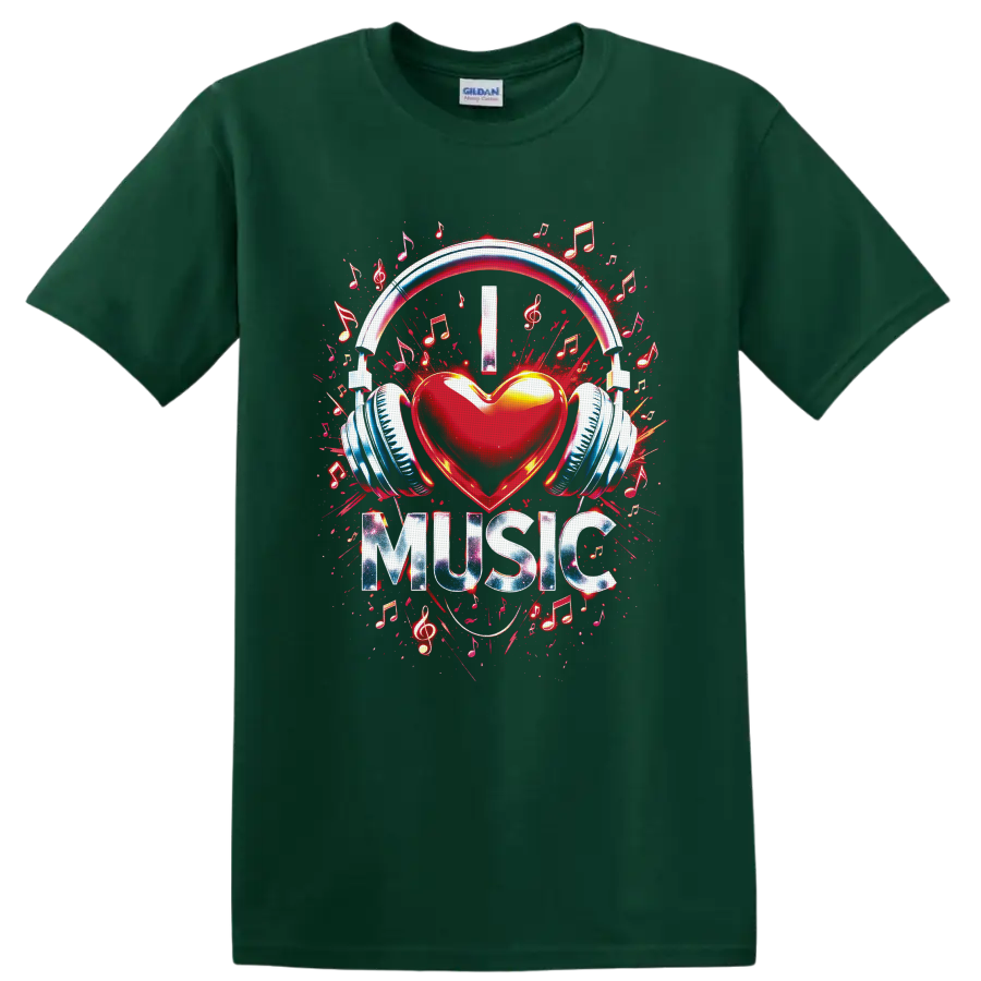 Red heart with headphones, musical notes, treble clefs, and MUSIC graffiti graphic on a Forest Green T Shirt