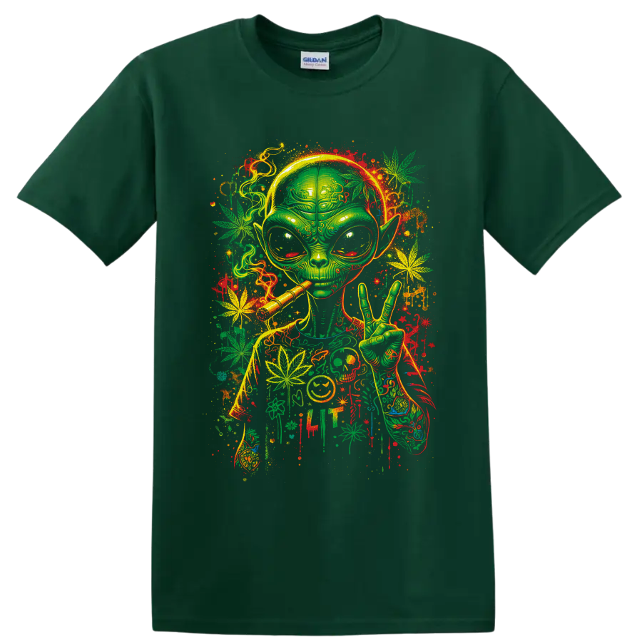 Psychedelic green alien smoking with peace sign, cannabis leaves, and neon paint splatters on a Forest Green T Shirt
