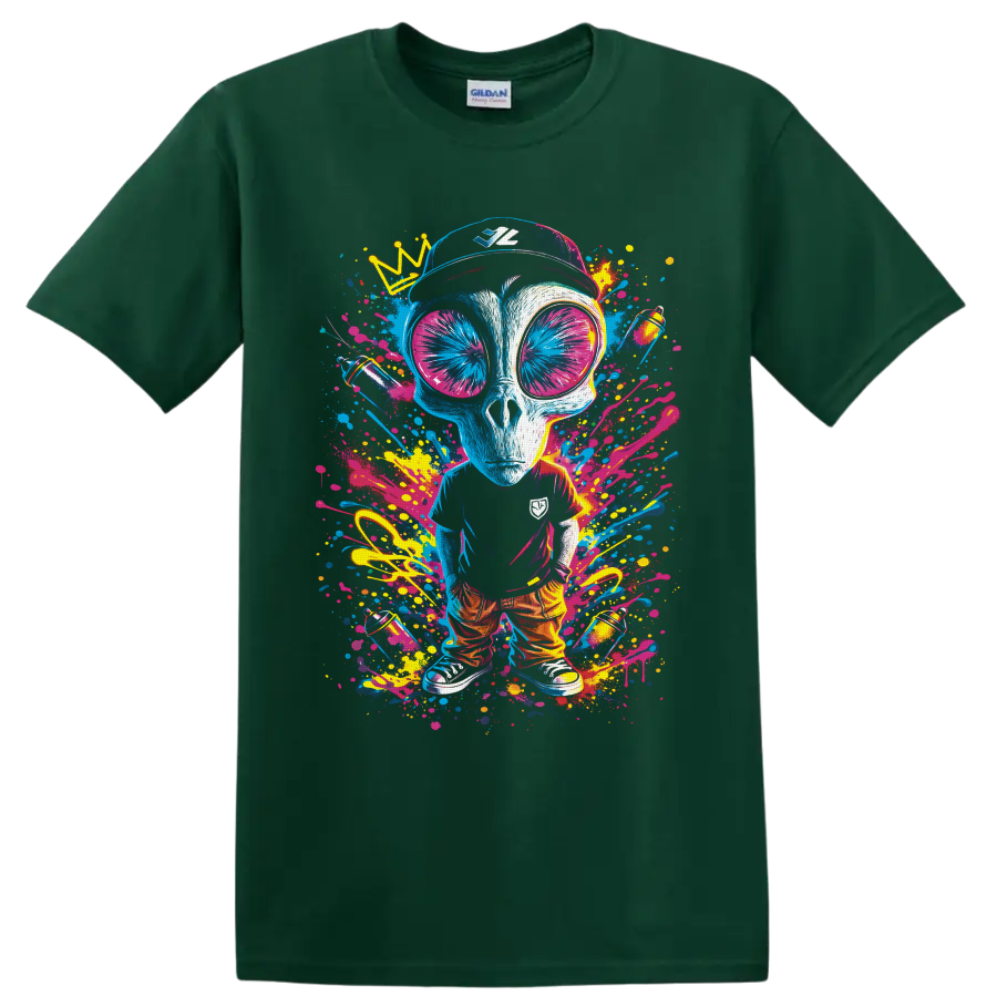 Crowned alien in oversized sunglasses with neon graffiti paint splatters on a Forest Green T Shirt