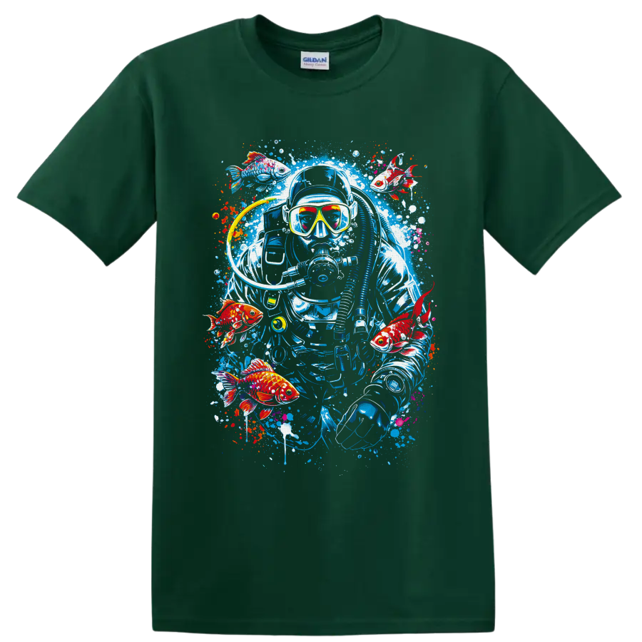 Graffiti-style scuba diver with goldfish, bubbles, and colorful ocean paint splashes on a Forest Green T Shirt