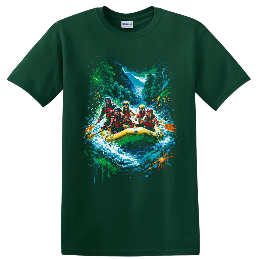 Colorful whitewater rafting crew in yellow raft with canyon rapids and paint splatters on a Forest Green T Shirt
