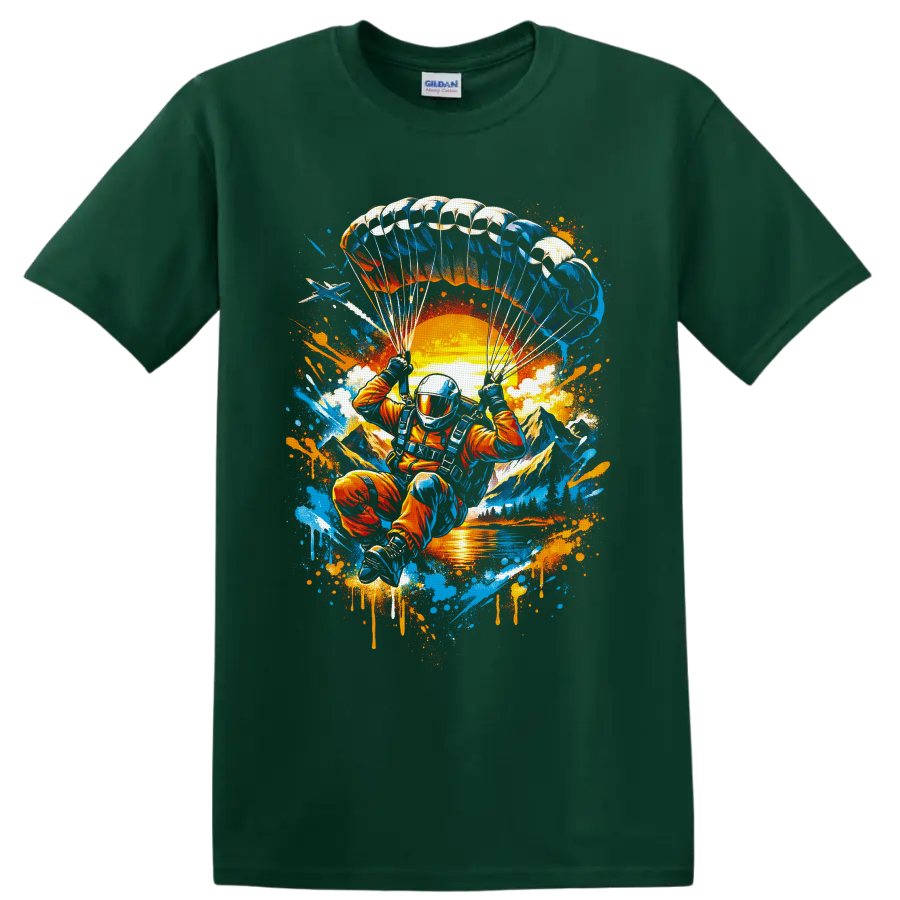 Skydiver under parachute over sunset mountains in vibrant graffiti splatter art on a Forest Green T Shirt