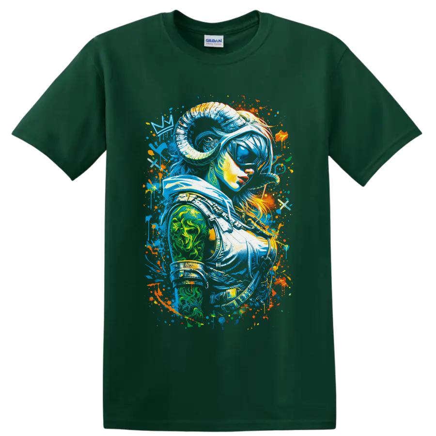 Neon graffiti woman astronaut portrait with a reflective visor and cosmic paint splatters on a Forest Green T Shirt