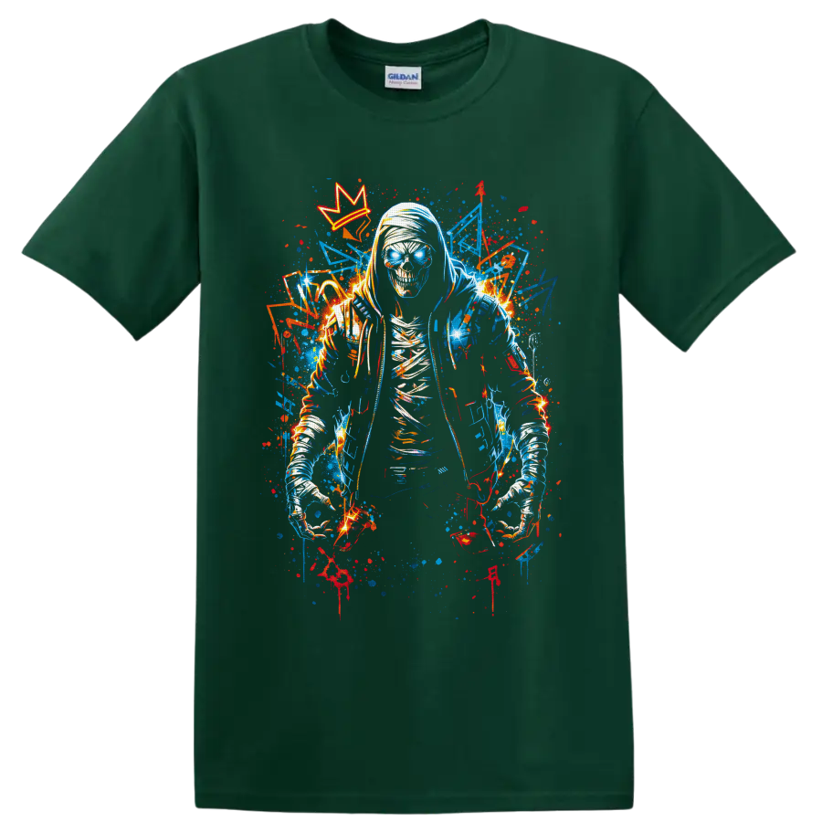 Hooded skeleton with glowing blue eyes, crown, and neon graffiti splatters on a Forest Green T Shirt