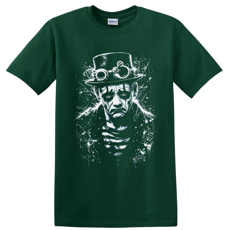 Steampunk gothic portrait with top hat goggles and distressed industrial linework on a Forest Green T Shirt