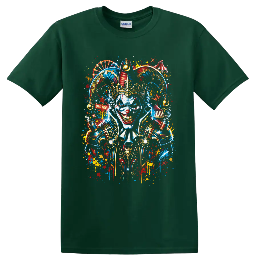 Sinister crowned jester clown with Big Top circus tents in vibrant graffiti style on a Forest Green T Shirt