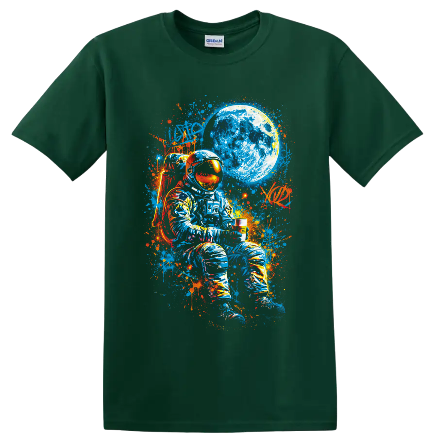 Seated astronaut beneath a cratered moon in vivid blue and orange graffiti art on a Forest Green T Shirt