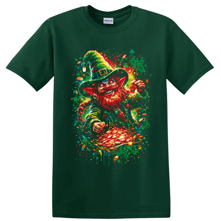 Graffiti-style leprechaun with shamrocks, gold coins, and glowing pot of gold on a Forest Green T Shirt