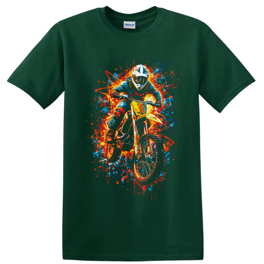Helmeted motocross rider on dirt bike in neon graffiti paint-splash art on a Forest Green T Shirt
