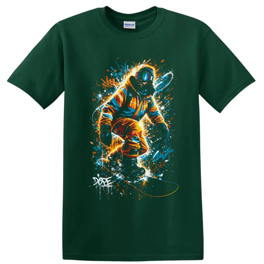 Neon graffiti snowboarder in goggles carving through glowing blue and orange snow spray on a Forest Green T Shirt