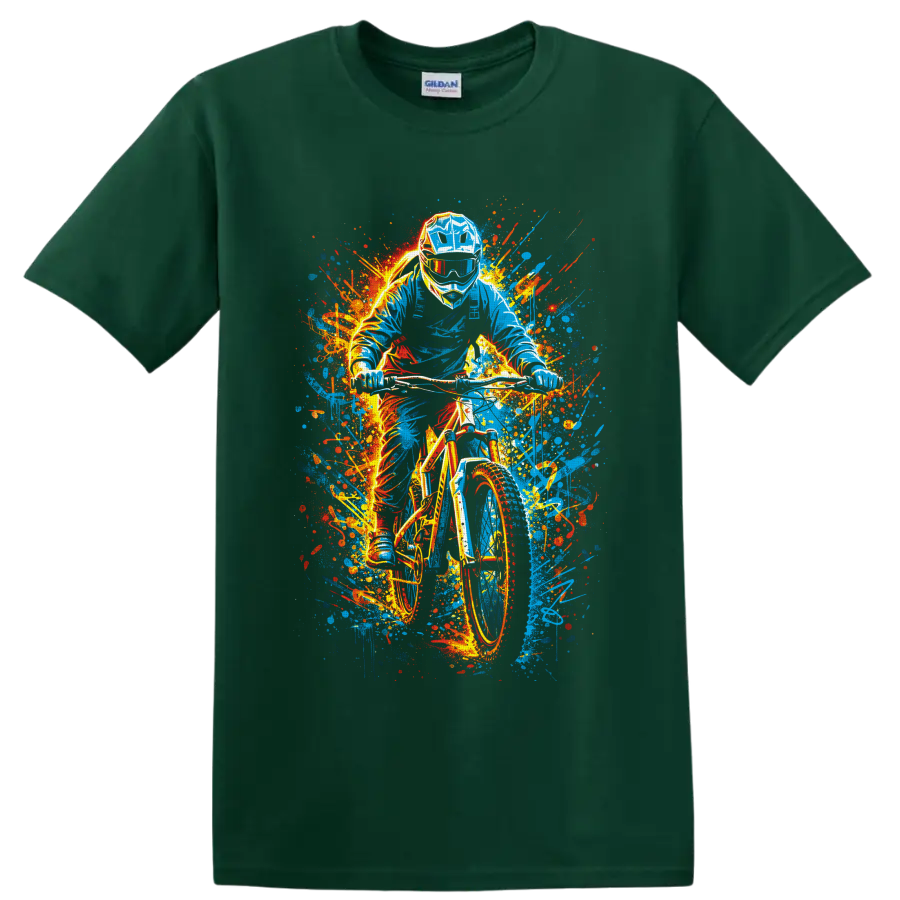 Helmeted motocross rider on dirt bike in vivid graffiti-style paint splashes on a Forest Green T Shirt