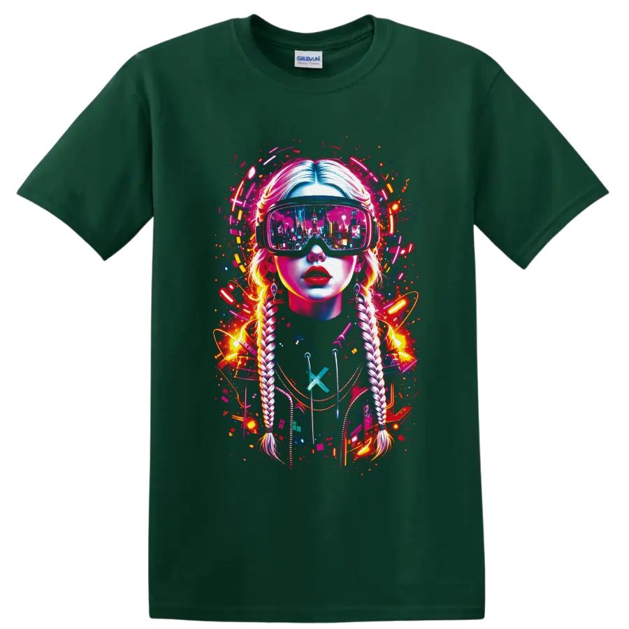 Cyberpunk braided woman in VR goggles with neon city reflection and digital splatter on a Forest Green T Shirt