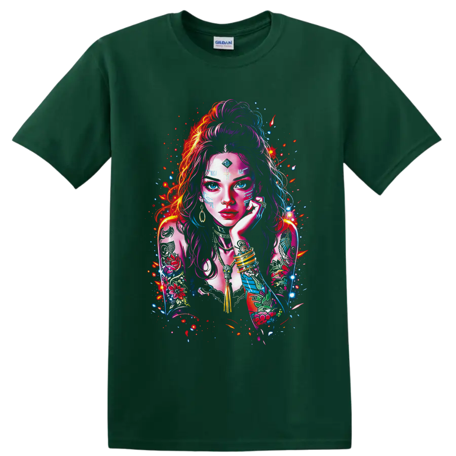 Neon futuristic portrait of a tattooed woman with blue eyes, jewelry, and floral arm art on a Forest Green T Shirt
