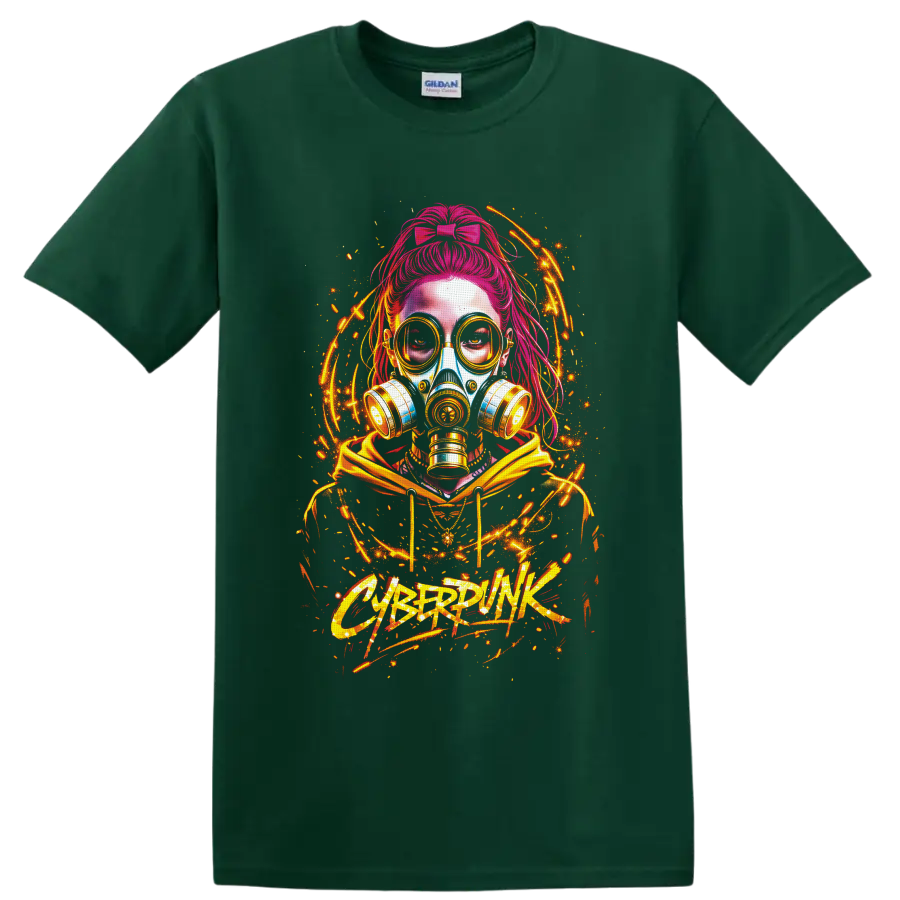 Cyberpink pink-haired woman in gas mask with neon orange graffiti energy arcs on a Forest Green T Shirt