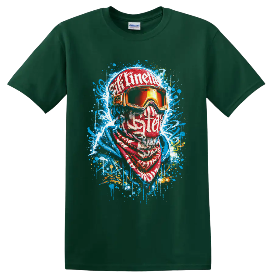 Graffiti-style winter sports portrait with ski goggles, helmet, scarf, and paint splatters on a Forest Green T Shirt