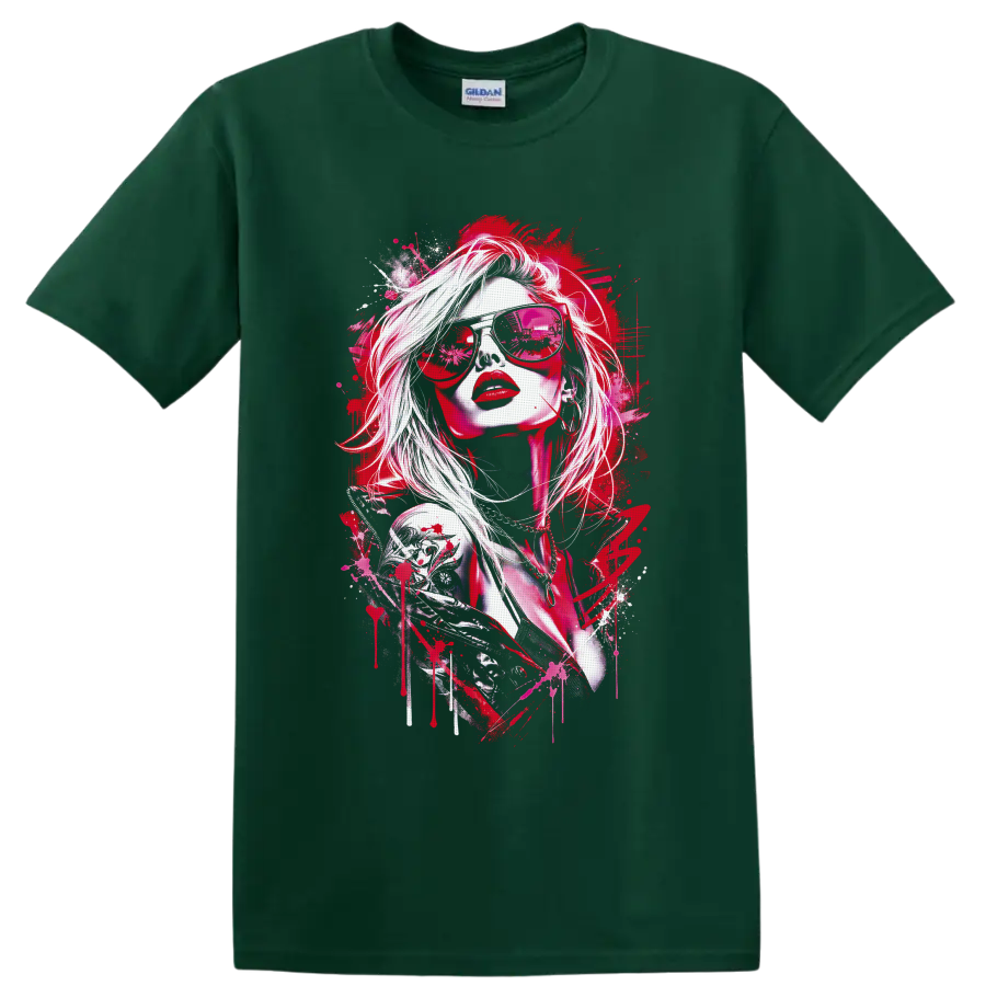 Red fashion portrait in reflective sunglasses with paint splatter street art on a Forest Green T Shirt
