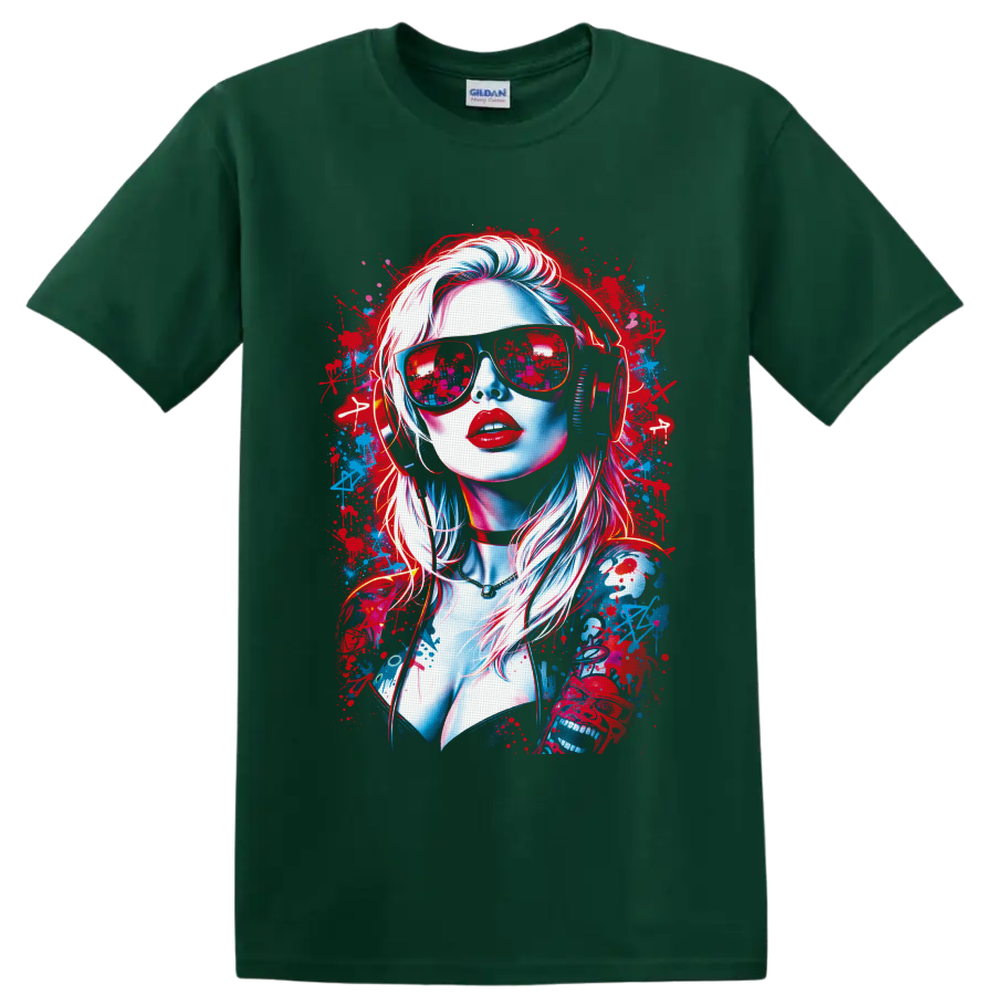 Neon woman portrait with sunglasses, headphones, and red-blue graffiti splatters on a Forest Green T Shirt