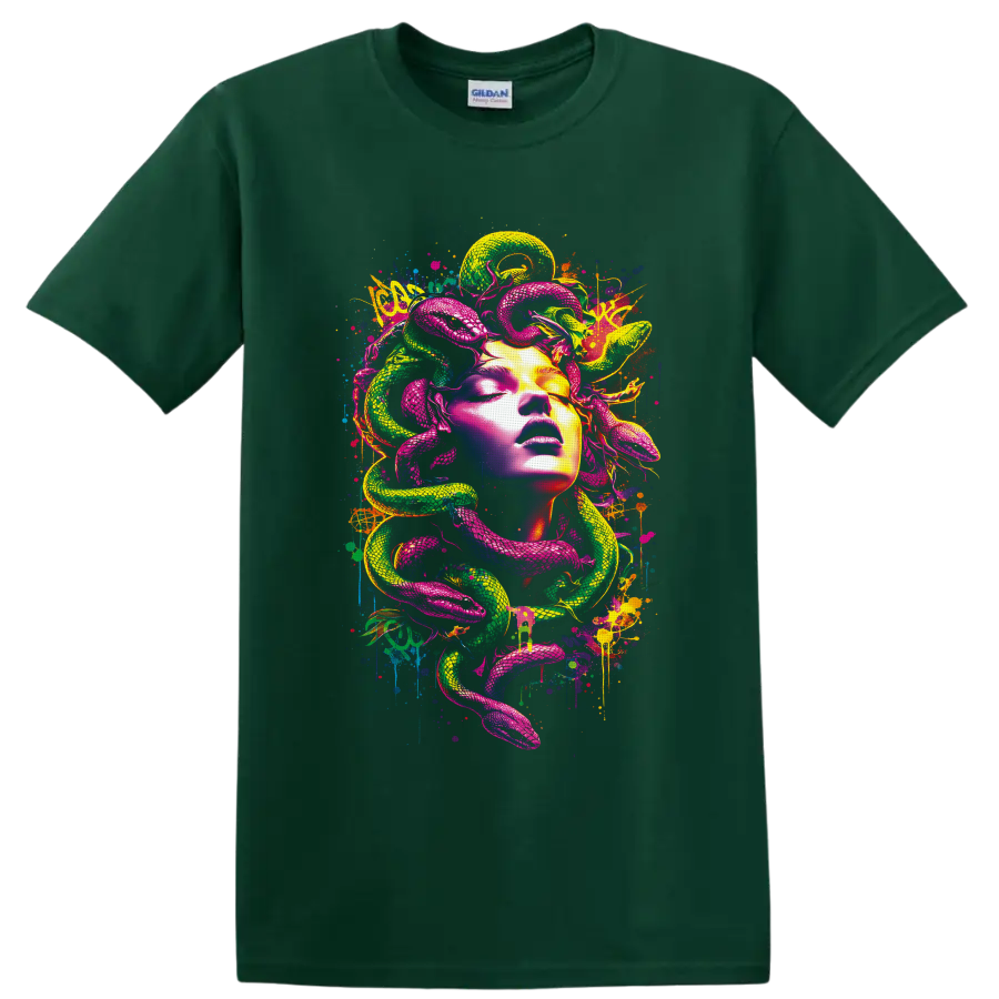 Neon Medusa-inspired portrait with coiling pink and green snakes in graffiti art on a Forest Green T Shirt