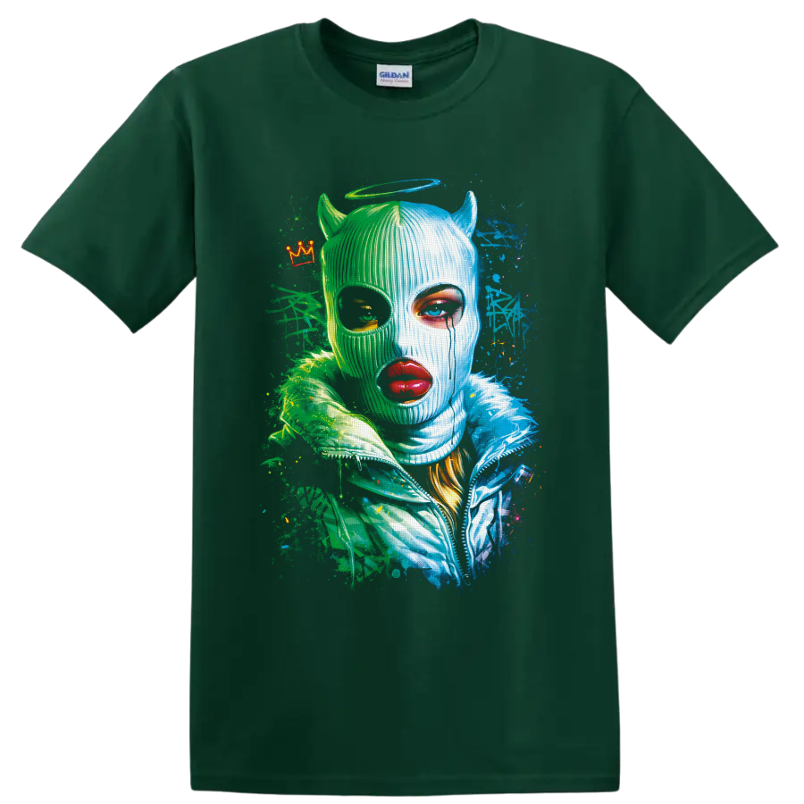 Neon green and blue horned masked portrait with halo, crown, and splatter art on a Forest Green T Shirt