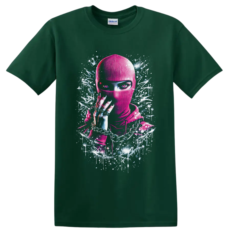 Neon pink masked woman with chains and rings in cyberpunk graffiti portrait art on a Forest Green T Shirt