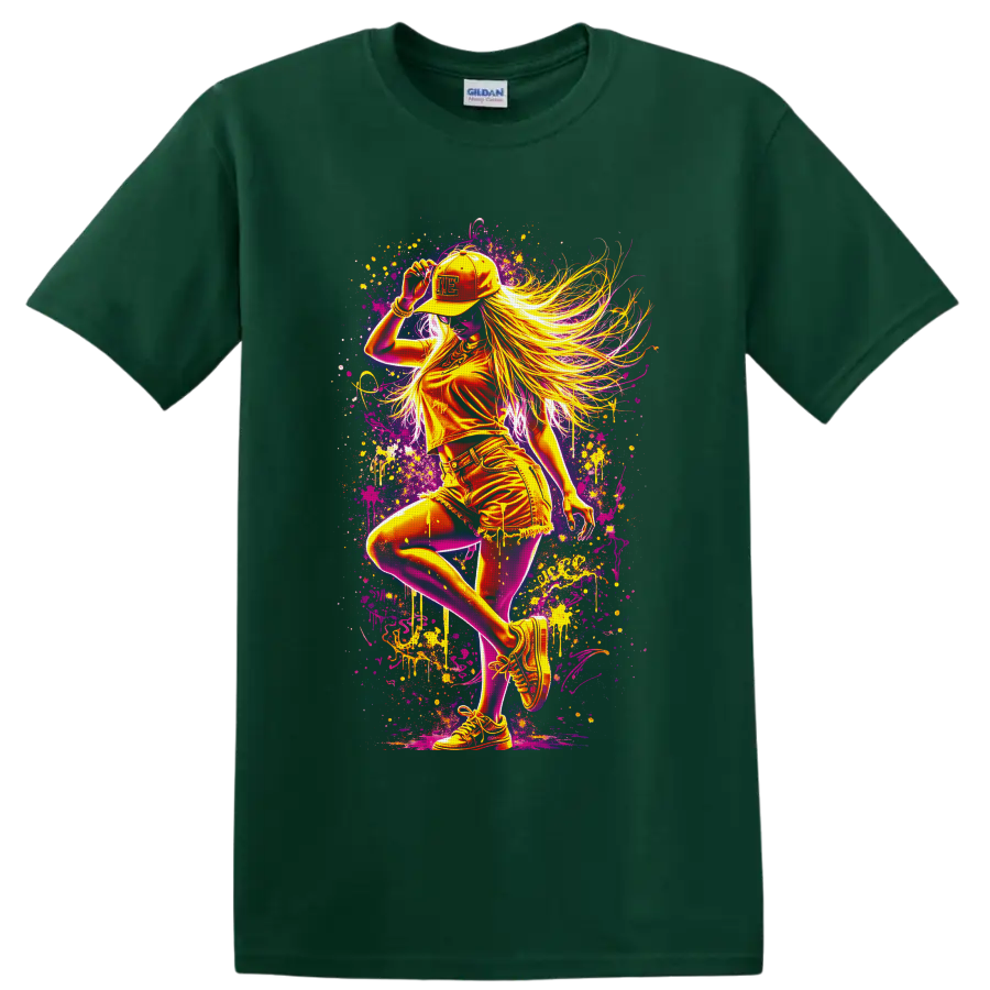 Neon dance girl in cap and sneakers with flowing hair and graffiti paint splatters on a Forest Green T Shirt