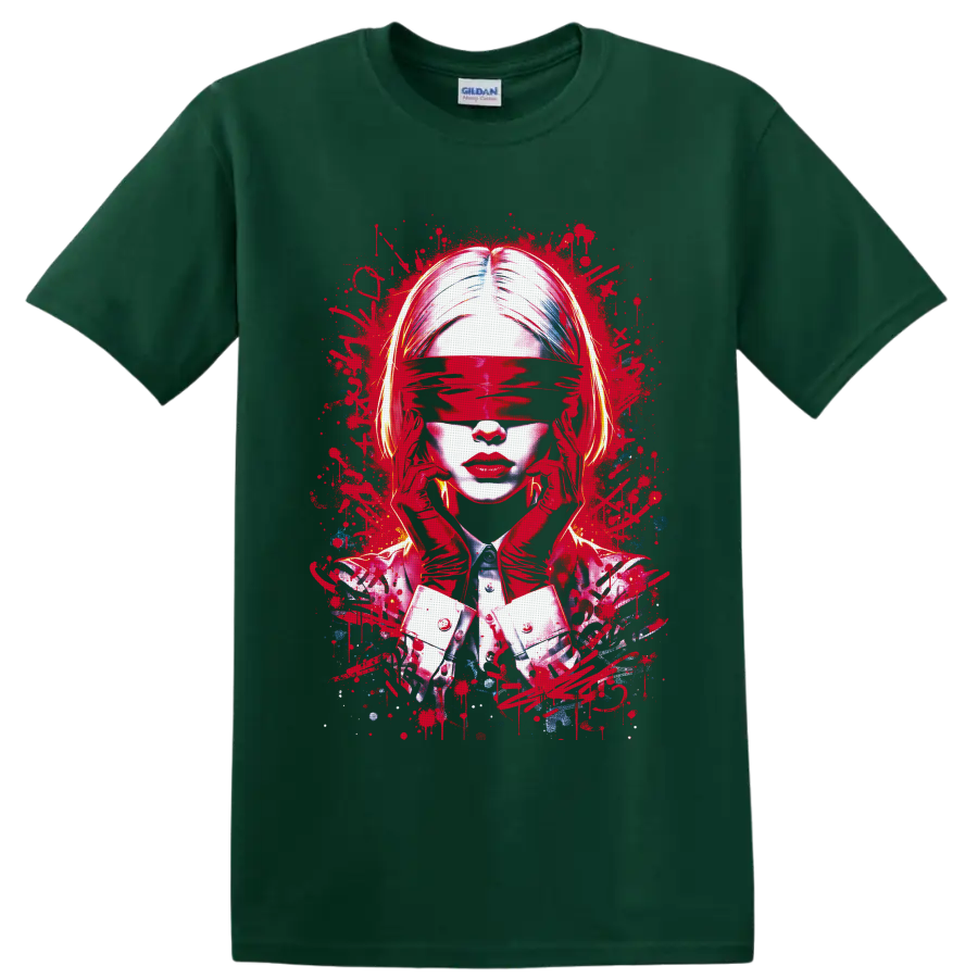 Blindfolded woman abstract portrait with red paint splatters and red gloves on a Forest Green T Shirt