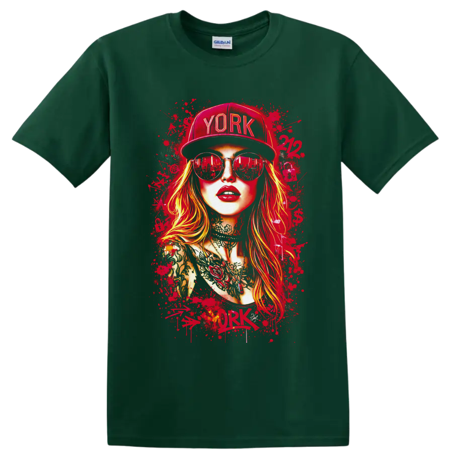 Tattooed woman portrait in YORK cap and sunglasses with red paint-splatter street art on a Forest Green T Shirt