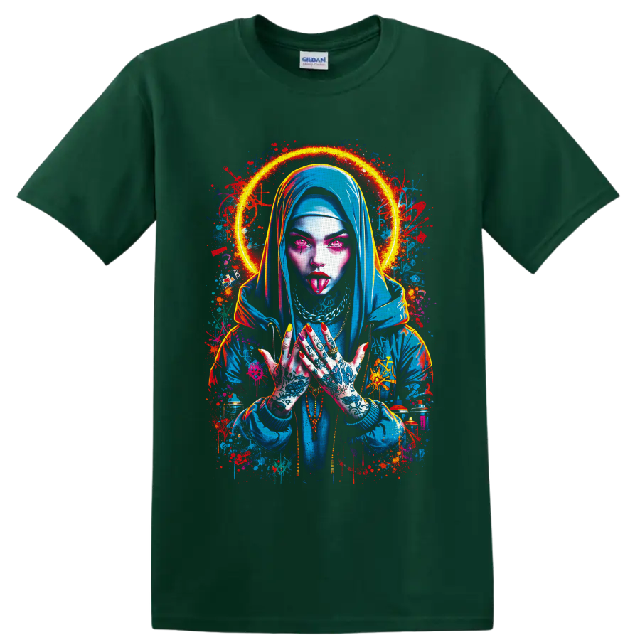 Neon tattooed gothic woman in a blue hood with a glowing halo and graffiti splashes on a Forest Green T Shirt