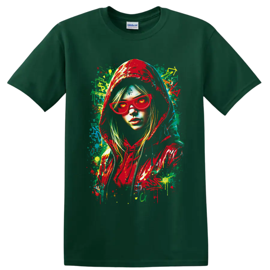 Hooded woman in red sunglasses with colorful graffiti paint splatter portrait on a Forest Green T Shirt