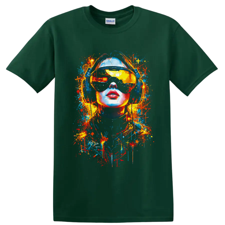 Cyberpunk woman in reflective VR visor and headphones with neon graffiti splashes on a Forest Green T Shirt