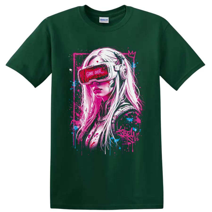 Cyberpunk gamer girl in VR headset with Game Over visor and neon graffiti splatters on a Forest Green T Shirt