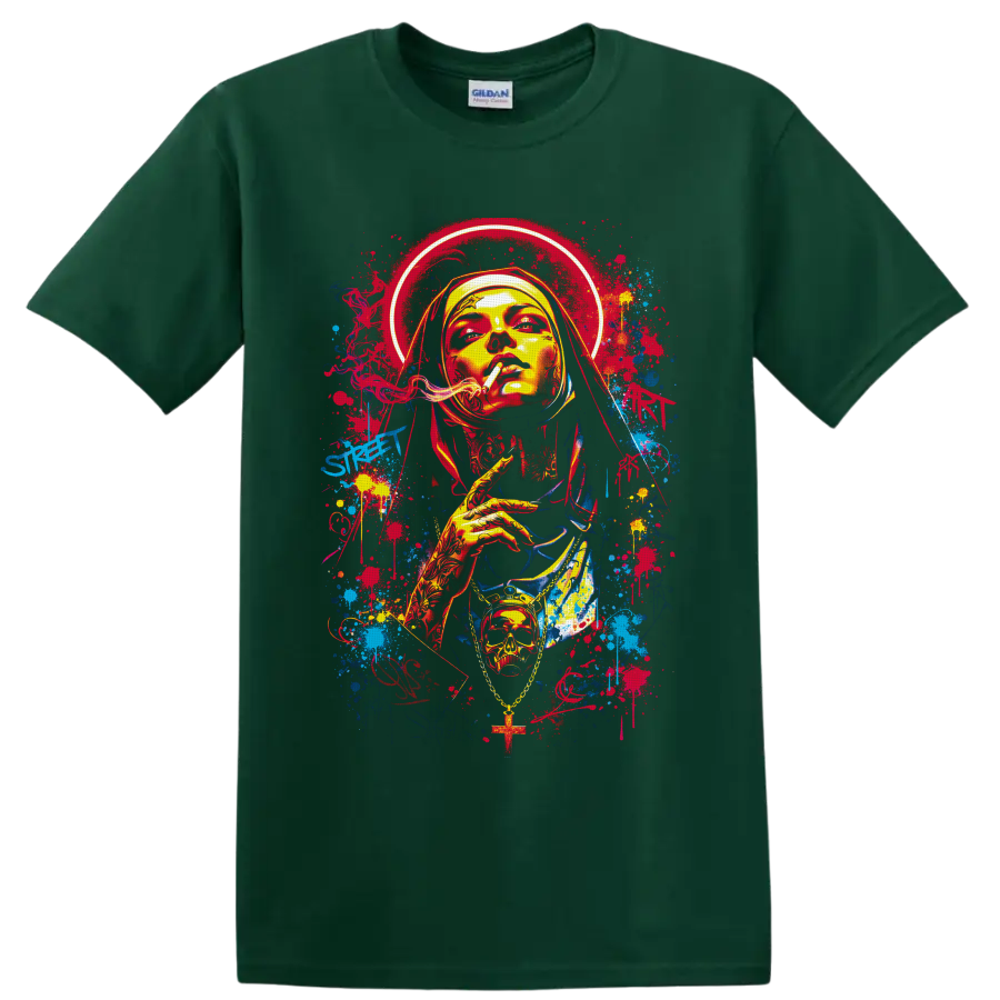 Gothic smoking nun portrait with halo, skull pendant, cross, and graffiti splatters on a Forest Green T Shirt