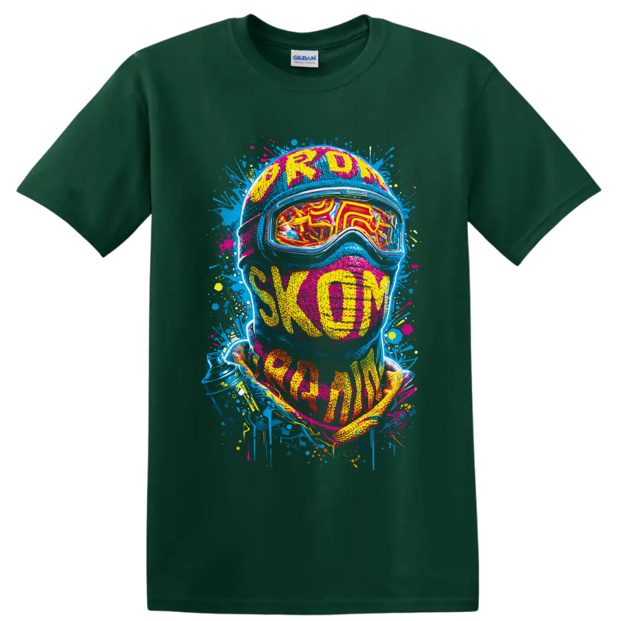 Neon graffiti helmeted skier portrait with reflective goggles and Freedom text on a Forest Green T Shirt