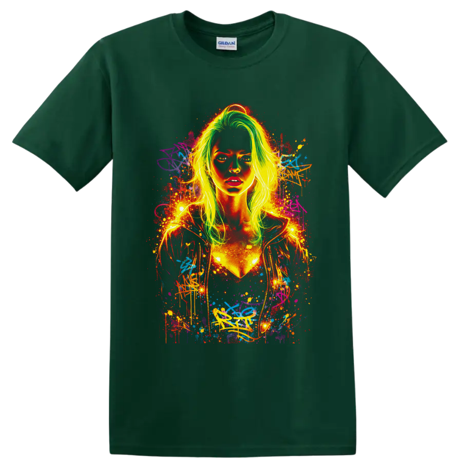 Neon graffiti woman portrait with lime-green hair, paint splatters, and urban street art on a Forest Green T Shirt