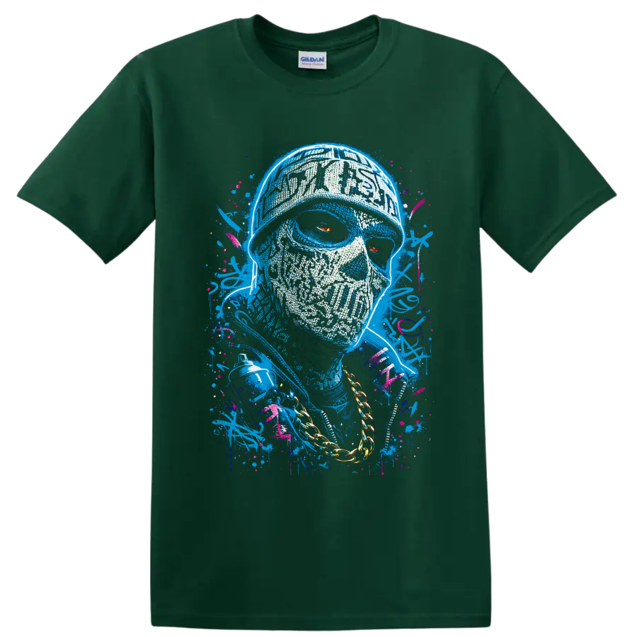 Graffiti-style skull portrait with red eyes, gold chain, spray can, and paint splatters on a Forest Green T Shirt