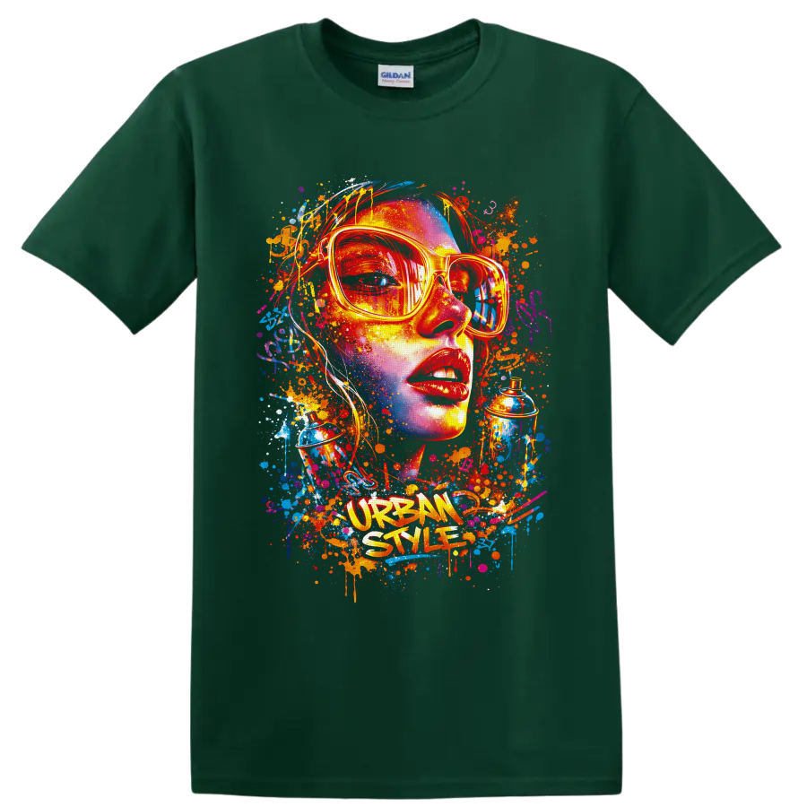 Graffiti-style woman portrait in sunglasses with spray cans and Urban Style text on a Forest Green T Shirt