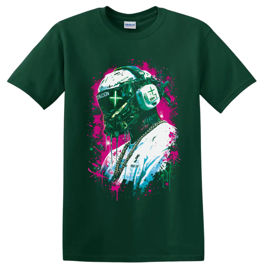 Cyberpunk helmeted portrait with neon graffiti splatters and mechanical details on a Forest Green T Shirt