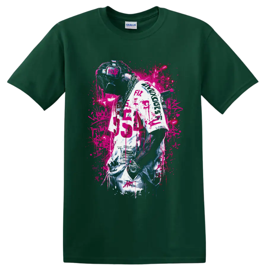 Cyberpunk DJ portrait with visor headset, chains, jersey, and neon pink graffiti on a Forest Green T Shirt