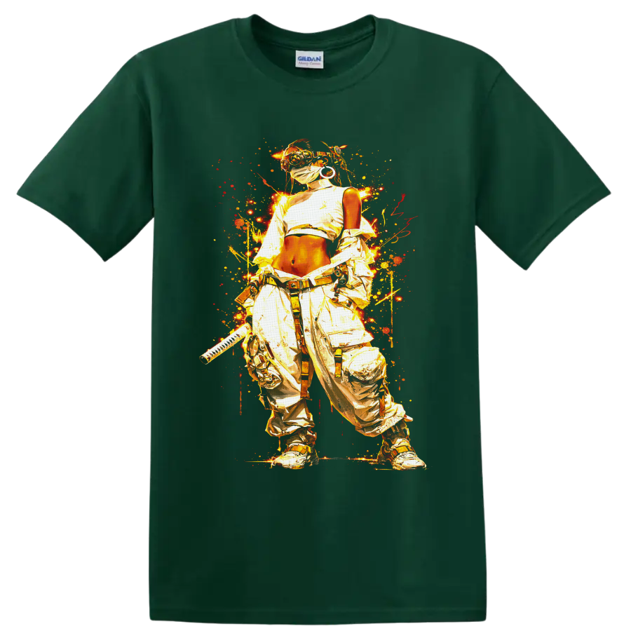 Cyberpunk masked ninja warrior with katana in fiery gold graffiti splatter art on a Forest Green T Shirt