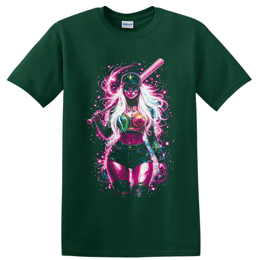 Neon pop art woman in cap and sunglasses holding a baseball bat amid cosmic splatters on a Forest Green T Shirt