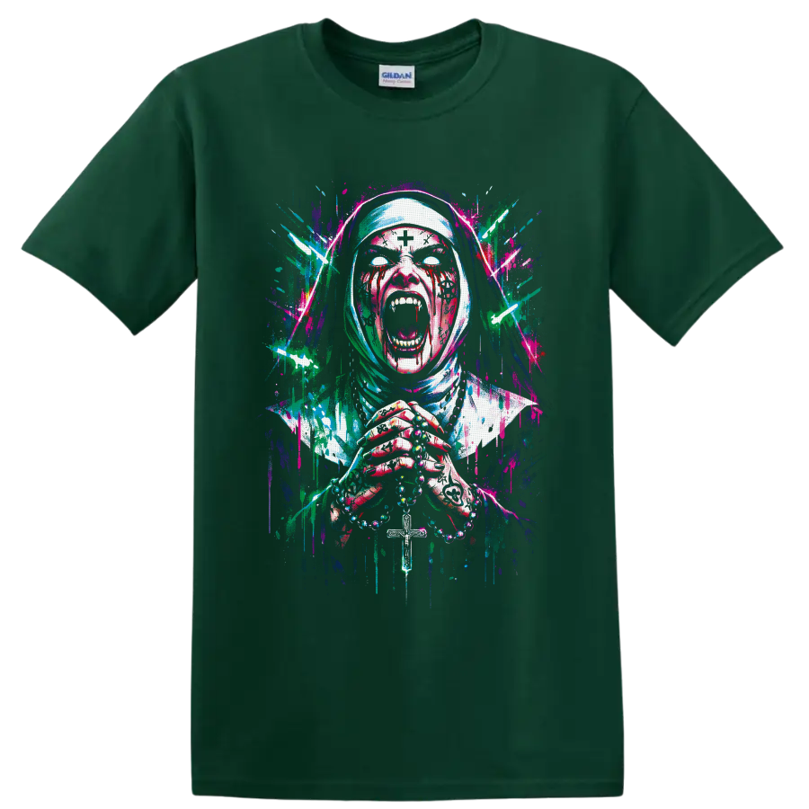 Neon splatter art of a screaming zombie nun holding rosary beads and a cross on a Forest Green T Shirt