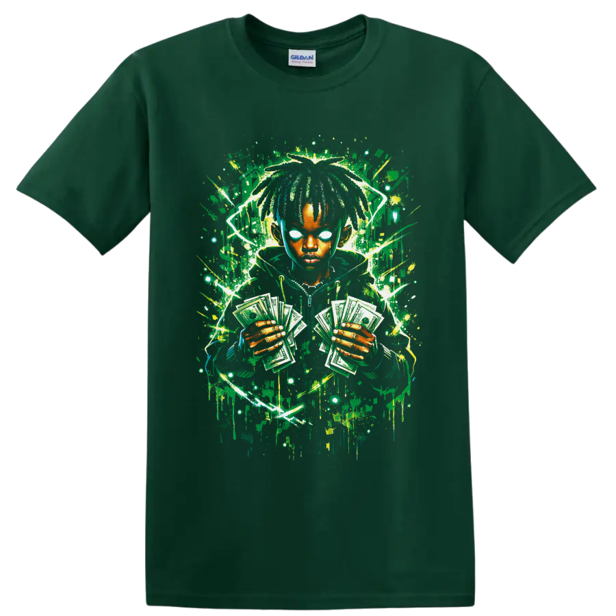 Neon graffiti portrait of a dreadlocked figure holding fanned dollar bills on a Forest Green T Shirt