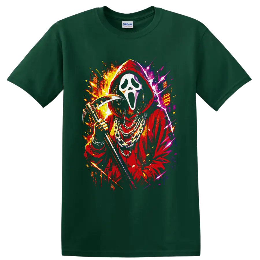 Ghostface in red hood with chains and reaper blade in neon splatter street art on a Forest Green T Shirt
