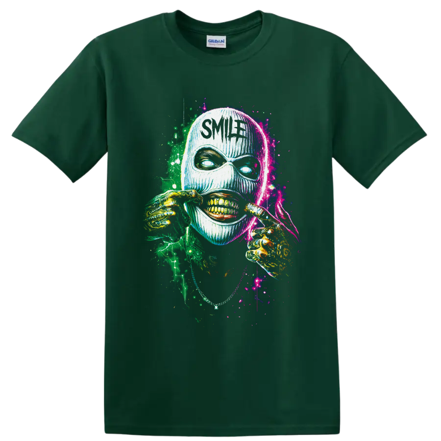 Neon masked skull grin with skeletal hands and Smile text in splatter art on a Forest Green T Shirt