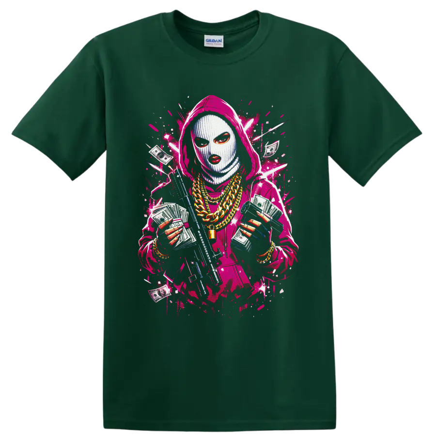 Masked hooded figure with cash, gold chains, rifle, and neon graffiti splatters on a Forest Green T Shirt