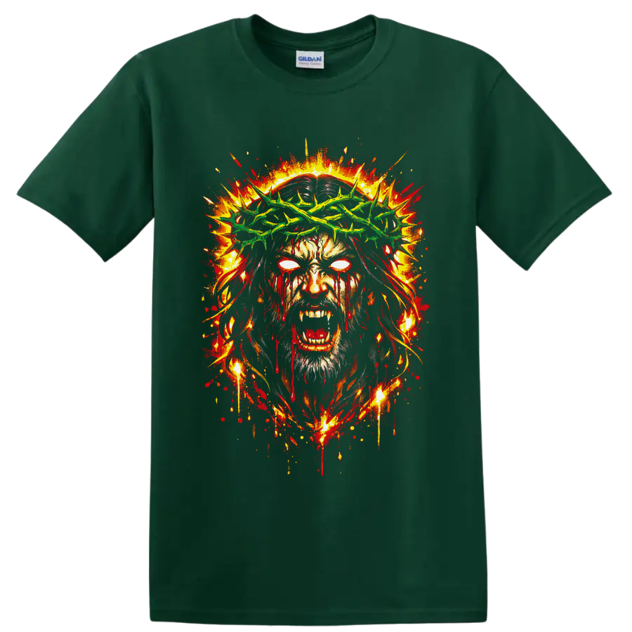 Zombie Jesus portrait with green crown of thorns, glowing eyes, and fiery gothic splatter on a Forest Green T Shirt