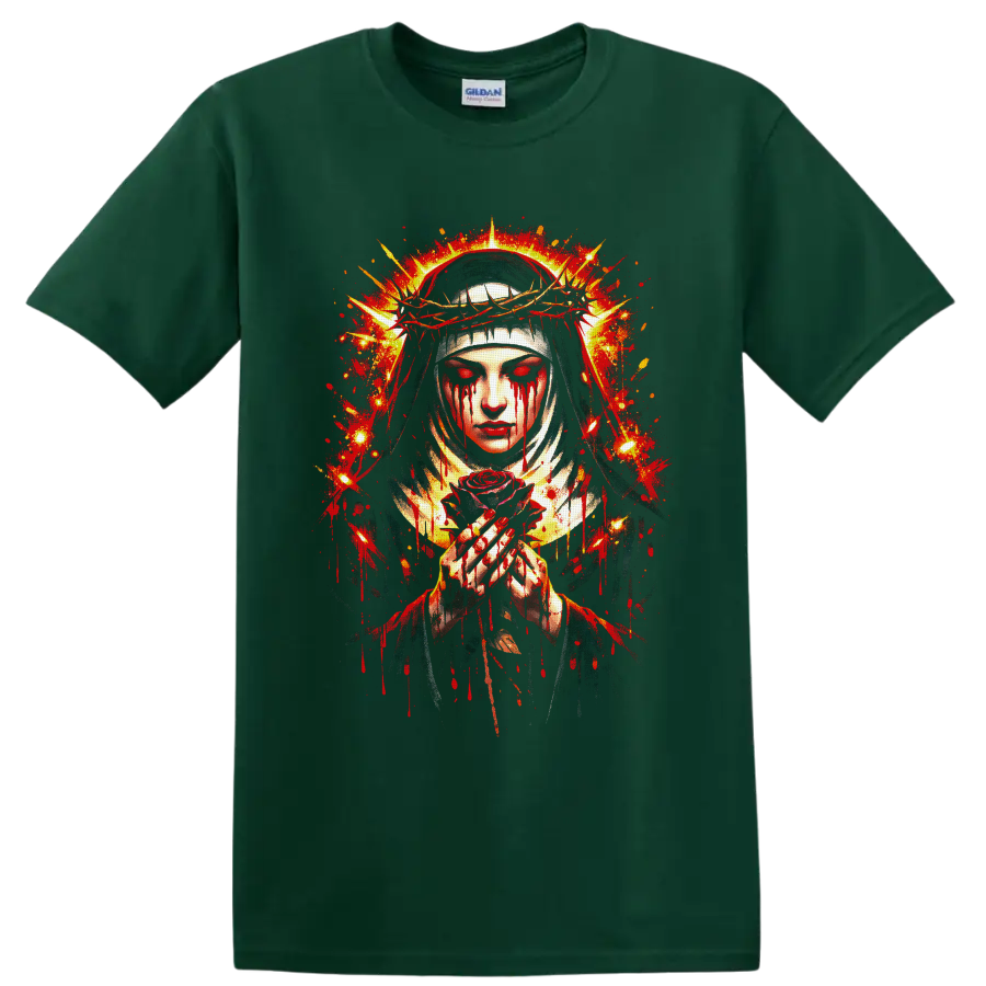Gothic veiled woman with crown of thorns, crimson tears, red rose, and halo splatter art on a Forest Green T Shirt