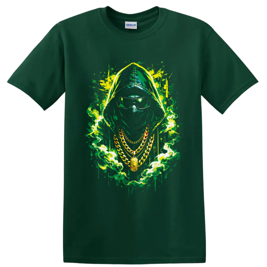 Hooded masked figure with sunglasses, gold chains, and neon graffiti smoke on a Forest Green T Shirt
