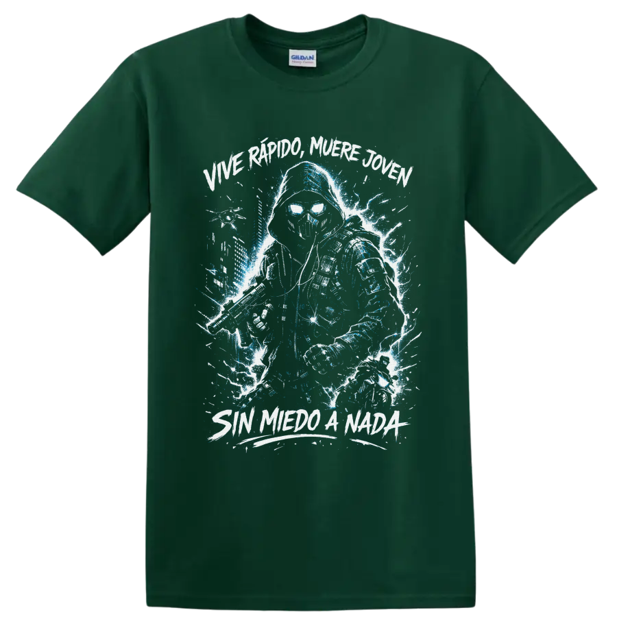 Hooded skull warrior with sword and blue lightning, Sin Miedo A Nada lettering on a Forest Green T Shirt