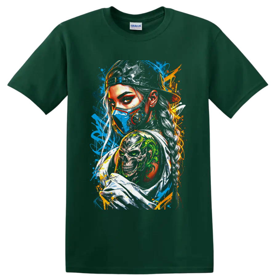 Cyberpunk masked woman portrait with blue respirator mask, skull tattoo, and neon graffiti on a Forest Green T Shirt